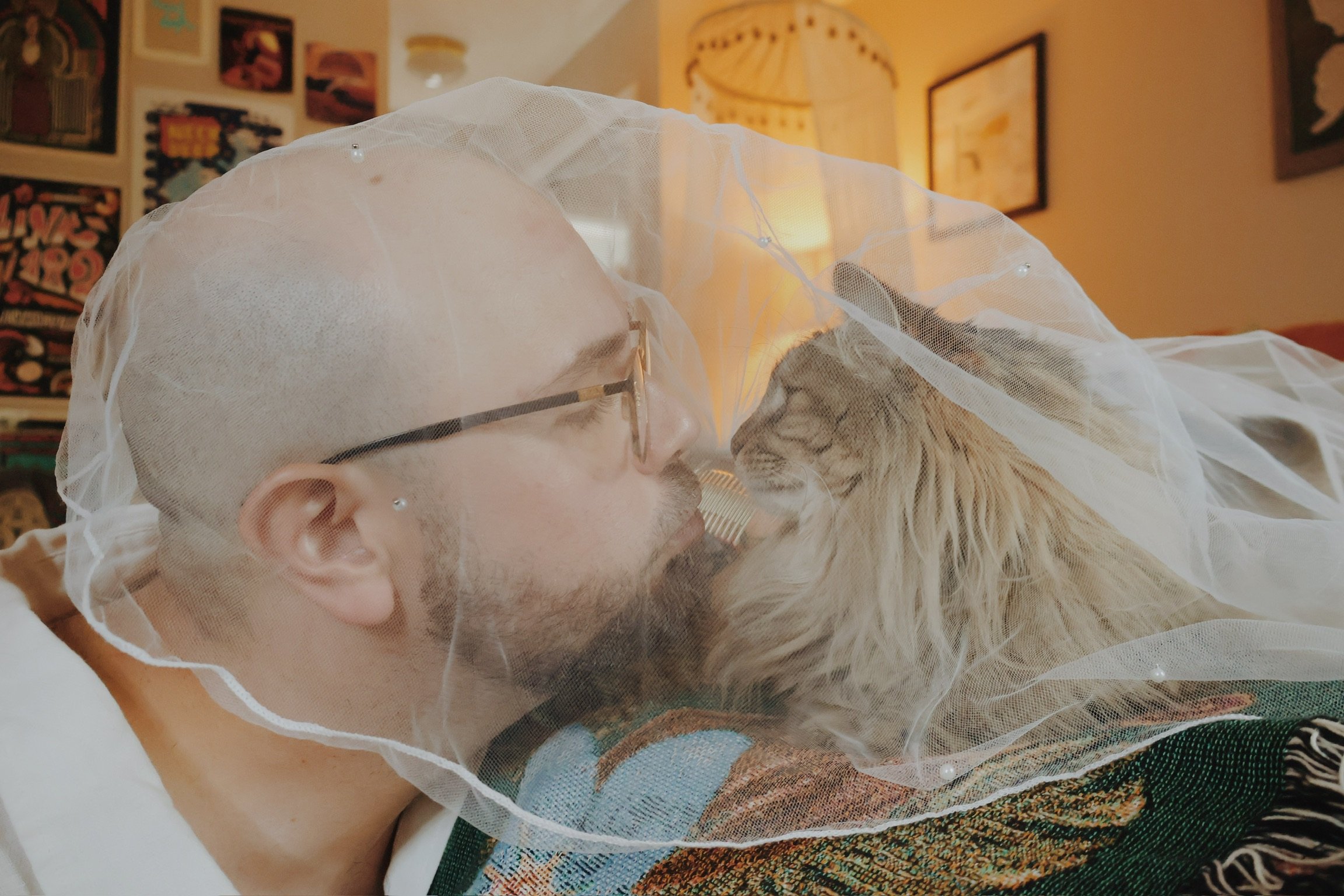 Ian leaning under the veil to kiss the tabby cat’s nose.